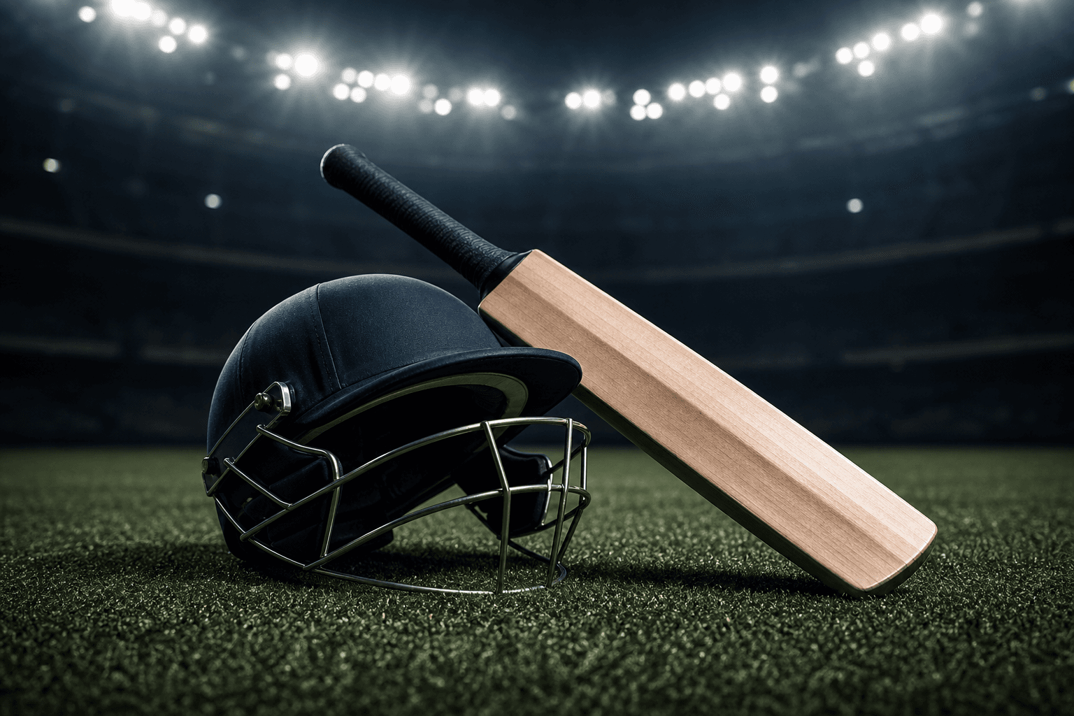 Cricket helmet and bat under stadium lights